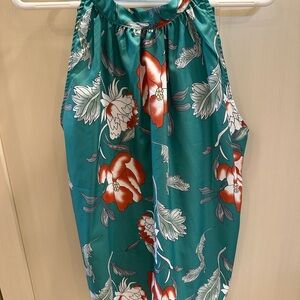 Green Floral sleeveless top with Red Accent